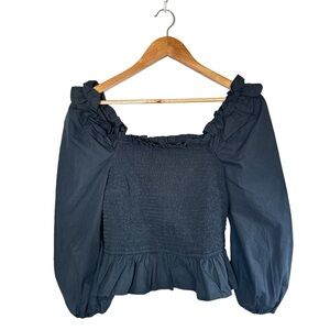 The Drop Smocked Ballon Long Sleeve Ruffle‎ Peplum Crop Top Black Medium